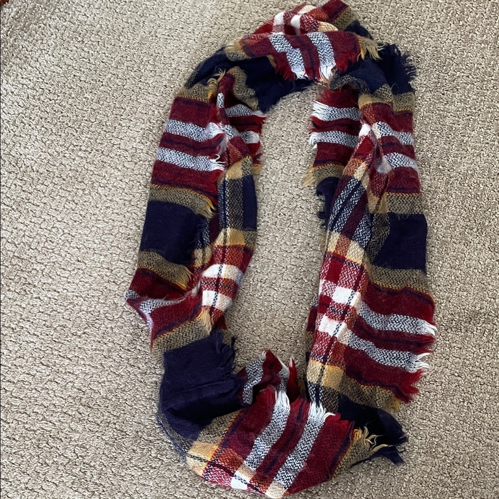 Plaid Fringed Infinity Scarf in Red, Blue, and Gold